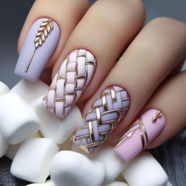 24 Pcs Pink Press on Nails Medium Square Medium Summer Fake Nails Purple False Nails with Gold Line Wheat Ears Design Glossy Nail Tips Full Cover Acrylic Glue on Nails for Women Manicure