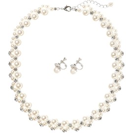 More Auni Pearl Necklace, Earrings, 2 Piece Set, For Weddings, Parties, Ladies, Gorgeous Bijou, Exquisitely, Faux Pearl, Rhinestone