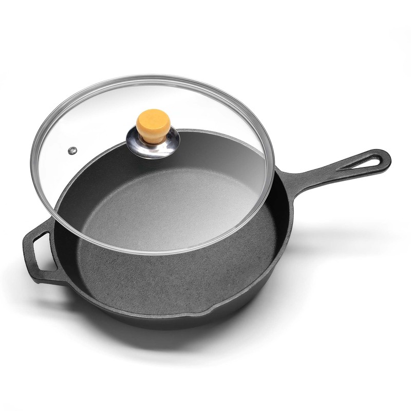 LOCEHNGY Cast Iron Skillet (10-Inch) W/Tempered Glass Lid and 9.5inch