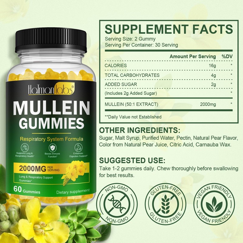 Mullein Gummies for Lungs, 2000 MG(50:1 Extract) Mullein Leaf Extract