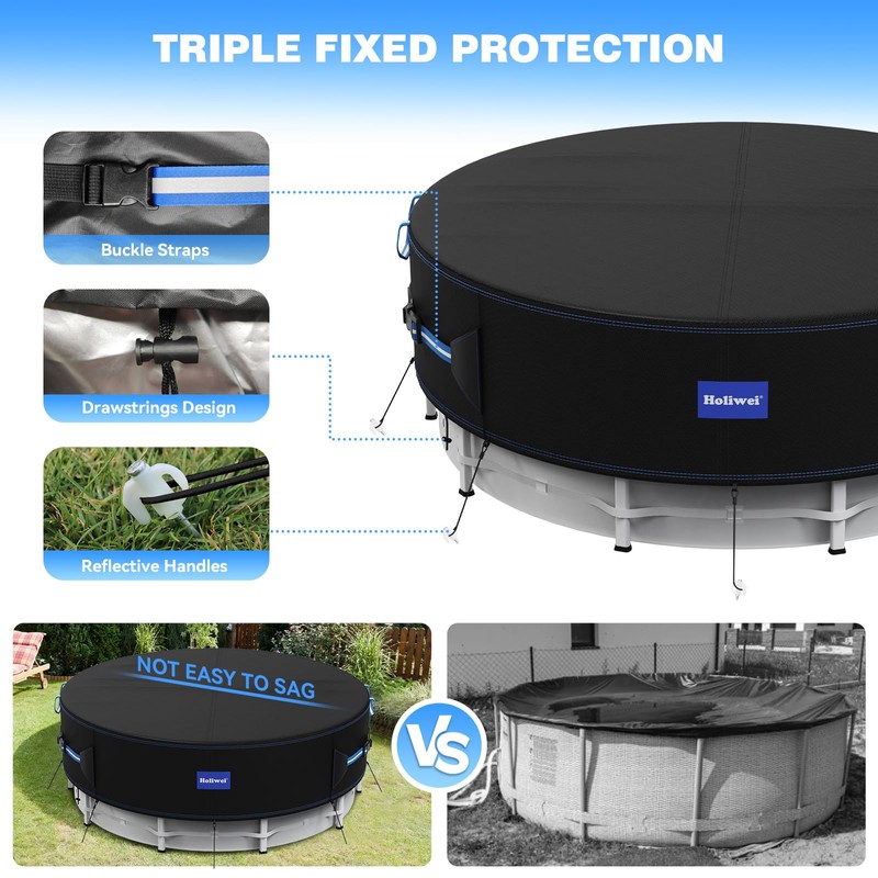 Holiwei 18 Ft Round Pool Cover with Reflective Strips, 420D