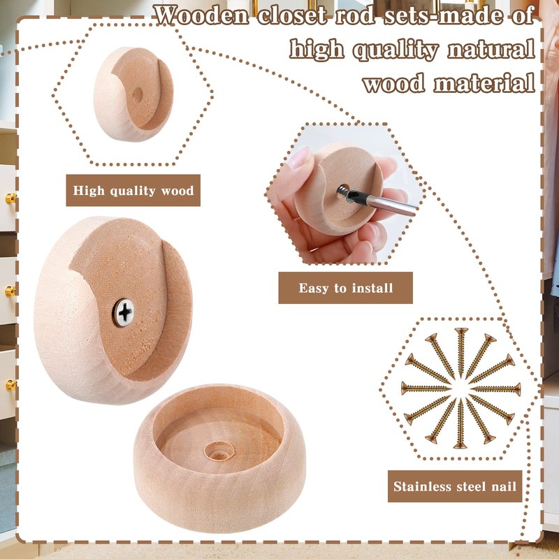Weysat 40 Sets Closet Pole Socket Wooden Closet Rod Holders