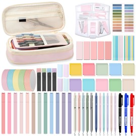 Sinload 60 Pcs Aesthetic Book Annotation Kit Pencil Case with Highlighter Gel Pen Mechanical Pencil 1220 Sheets Transparent Sticky Notes Tabs Mini Office Supply Stationery for School (Pink)