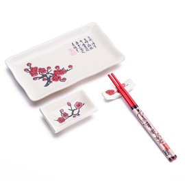 4 Pcs Japanese Sushi Plate Dinnerware Set White With Plum Blossom Design