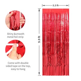 Crosize 4 Pack 3.3 x 9.9 ft Red Foil Fringe Curtains Party Decorations, Red Tinsel Curtain Backdrop for Parties, Door Streamers, Glitter Streamer Fringe Backdrop for Birthday Decoration