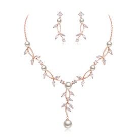 Crysdue Bridal Flower Leaf Wedding Jewelry Set for Women, Cubic Zirconia Simulated Pearl Floral Vine Filigree Necklace Earrings Set Jewelry Gift for Brides Bridesmaid Clear Rose Gold-Tone