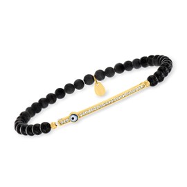 Ross-Simons 3.8-4.5mm Onyx Bead and .10 ct. t.w. CZ Evil Eye Stretch Bracelet in 18kt Gold Over Sterling