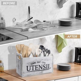 brekle White Kitchen Utensil Holder Rustic Large Wooden Utensil Organizer Cooking To...