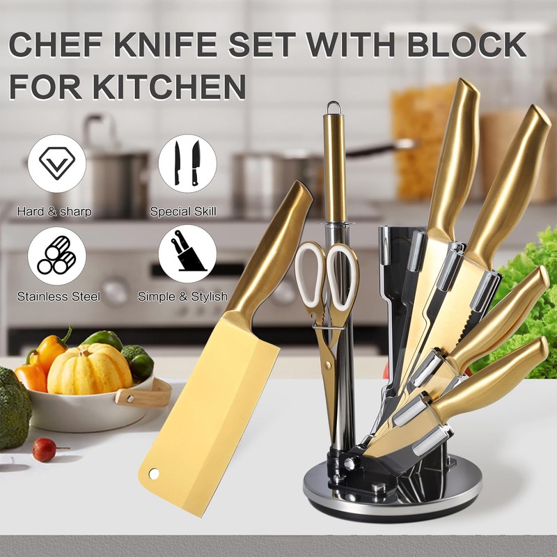 Gold Knife Set,8Pcs Gold Titanium-Coated Dishwasher Safe Stainless Steel Kitchen