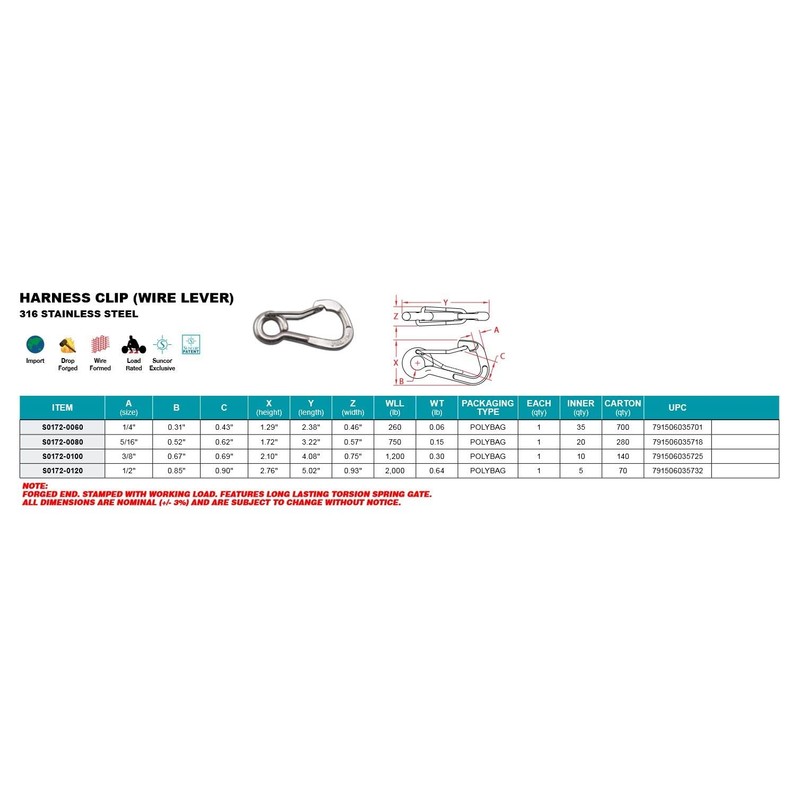 Harness Carabiner Clip Wire Lever 1/4" (S0172-0060)