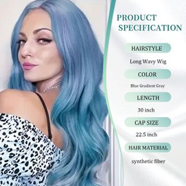 Blue Gradient Gray Long Wavy Wig 28 Inch Middle Part Wavy Synthetic Wigs for Women Natural Looking Heat Resistant Fiber Wig for Daily Party Use