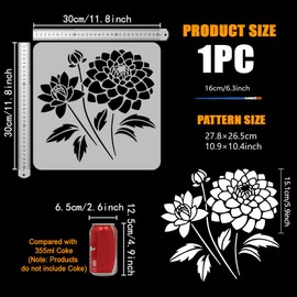 FINGERINSPIRE Dahlias Flowers Stencil with Brush 11.8x11.8inch Reusable Dahlias Template Hollowed Flower Blossom Stencil Flowers Leaves Template Plant Theme Stencil for Wall Furniture Decoration