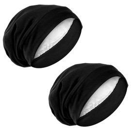 2 Pcs Silk Satin Bonnet, Adjustable Hair Wrap for Sleeping Night Hats for Women and Men Silk Lined Slouchy Beanie Hat (US, Alpha, Small, Large, Black)
