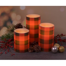 Mark Feldstein & Associates Buffalo Plaid Winter Holiday LED Flameless Pillar Candles, Set of 3, Red and Black, 6 Inch