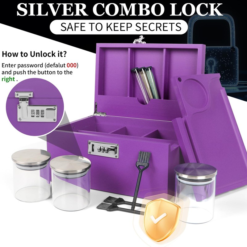 Large Bamboo Box with Combination Lock, Purple Decorative Storage Box