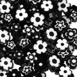 Millefiori Lampwork Glass Loose Assorted Beads Flat Flower Devil's Eye Round Spacer Bead for Bracelet Jewelry Making, 100 Pcs, Black Flower 8mm