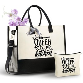 InnoBeta Chef Gifts for Women, Queen of The Kitchen, Canvas Tote Bag for Mom, Grandma, Bag with Top Zipper Closure and Shoulder Strap for Birthday