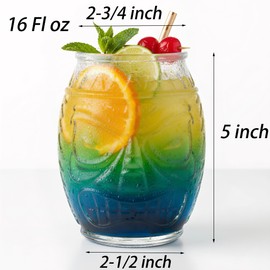 TOPZEA 6 Pack Modern Bar Tiki Glass Mug, 16 Oz Clear Tiki Glasses Cups Double Face Old Fashioned Mixed Cocktail Mugs for Mai Tai, Pina Colada, Punch, Hawaiian Luau Halloween Party Drinkware