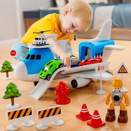Airplane Toy Set Transport Cargo Plane Play Toy for 3 4 5 6 Years Old Boys Girls Kids,Aircraft Vehicle Toys with 5 Mini Cars,Helicopter and Construction Worker