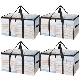 SINLAND 4 Pack Heavy Duty Moving Bags with Strong Zippers, Reinforced Handles and Tag Pocket, Large Packing Totes Supplies for College Dorm Room, Large Packing Bags for Saving Space(Semi-Transparent)