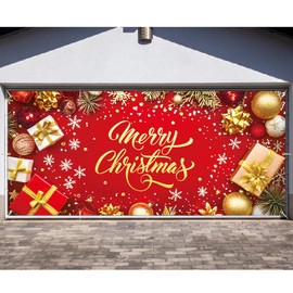 Qtencas Christmas Double Garage Door Banner, Large Merry Christmas Garage Door Decorations, 7x16 ft Holiday Christmas Banner for Garage Door, Wall Photo Background for Indoor Outdoor Decorations, Red