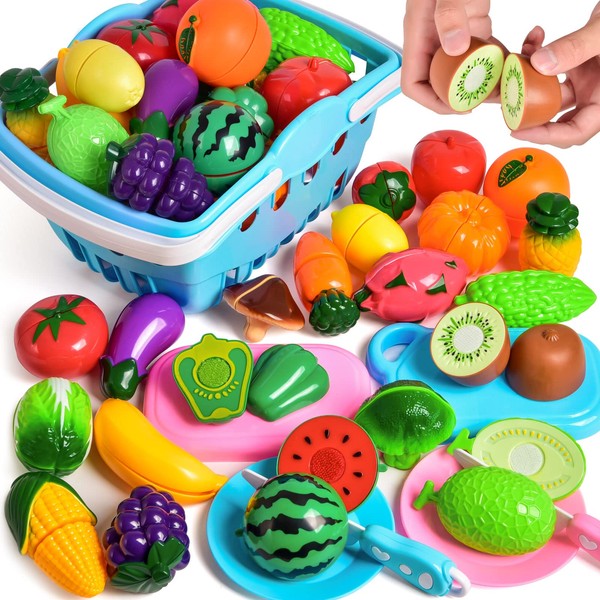 FUN LITTLE TOYS 53PCS Play Food for Kids Kitchen, Play Kitchen Accessories, Pretend Cutting Food Toys with Shopping Basket for Kids Birthday Gifts, Pretend Play