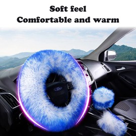 15inches Universal Leather Car Steering Wheel Cover Car Accessories Colorful Fuzzy Steering Wheel Cover Gear Shift Cover Handbrake Cover (Blue)