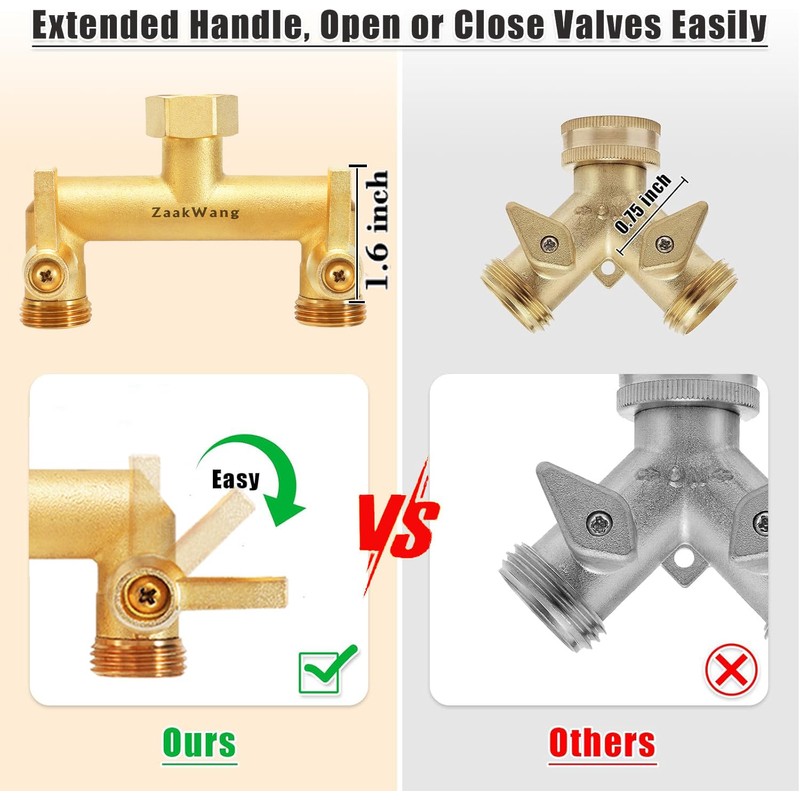 Heavy Duty Brass 2-Way Garden Hose Splitter, 3/4" GHT Threads,