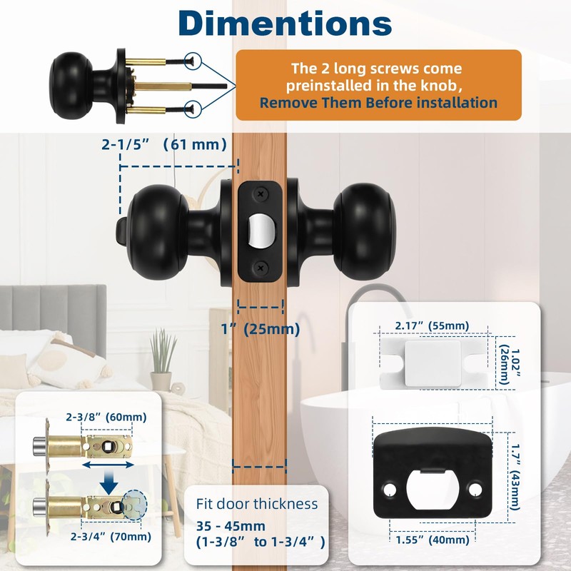 Estmoon 6 Pack Door Knobs, Matte Black Privacy Door Knob