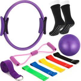 Silipull Set of 6 Pilates Ring and Ball Essentials Kit for Women 14" Circle Yoga Exercise Ball 5 Resistance Bands Stretching Workout at Home Pilates Equipment for Beginner Home Workouts(Purple)