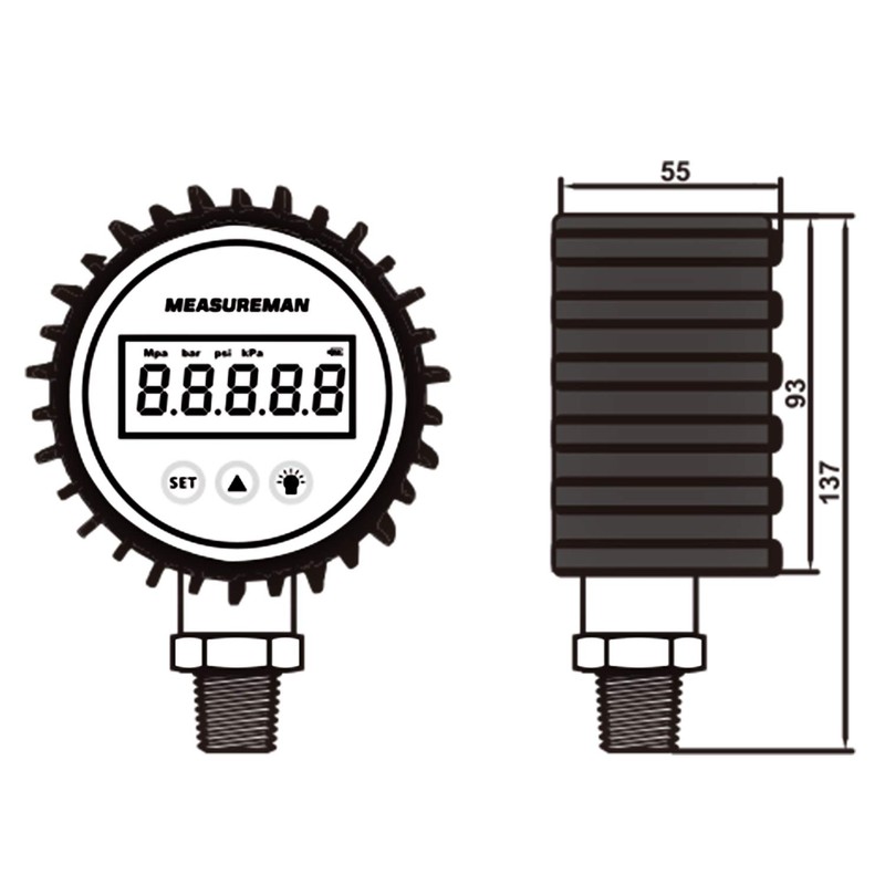 MEASUREMAN 3-1/8" Dial Size, Digital Pressure Gauge, 0-100psi/bar/Mpa/Kpa, 1/4"NPT Lower