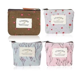 Luhaomisky 4Pcs colorful Canvas Coin Purse Cute Floral Canvas Change Coin Purse Cosmetic Bag with Zipper Portable Toiletry Organizer for Women Organizer Storage