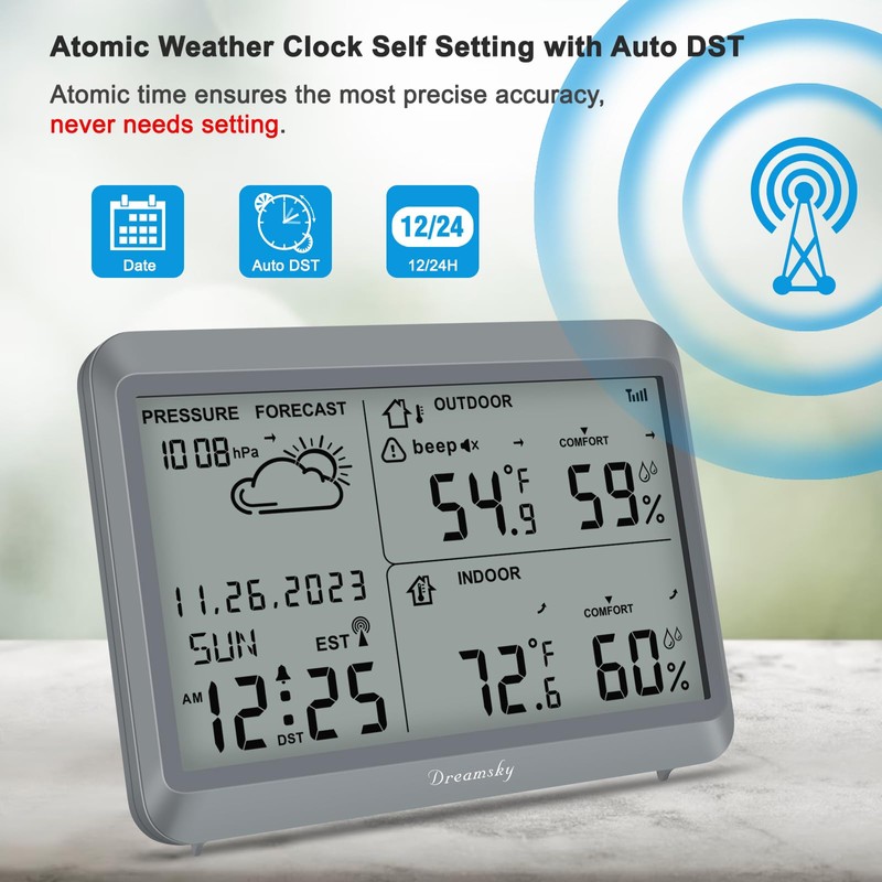 DreamSky Weather Station Indoor Outdoor Thermometer Wireless - Atomic Clock