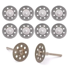 MiJunHD 10PCS 20mm Diamond Cutting Discs & 2PCS 3mm Shank Mandrel, Rotary Tool Diamond Cutting Wheel Kit for Metal Tile Wood Glass Marble Plastic Jade (Cutting Blade with Holes)