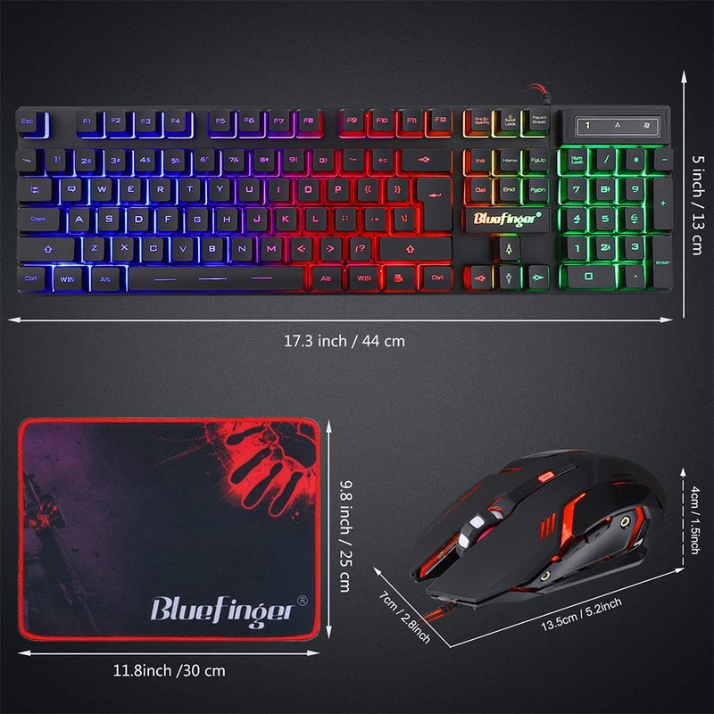 BlueFinger RGB Gaming Keyboard and Backlit Mouse Combo, USB Wired,