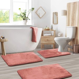 Clara Clark Bathroom Rugs – Memory Foam Bath Mat Set for Bathroom, Non Slip Absorbent Velvet - Fast Drying Bath Mats – Bathroom Rug and Contour Rug Set 3 Piece - 20 x 32-17 x 24-19 x 24, Rose