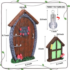 Fairy Door and Window Miniature Summer House with Lamp Room Wall and Trees Outdoor Glow in the Dark Fairies Sleeping Yard Art Garden Sculpture Gift Garden Ornament (Stone Style)