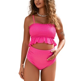 MOMOOD Maternity Swimsuit Spaghettis Straps Ruffle Hem Maternity Bikini Smocked Bandeau Top Maternity Bathing Suit Two Pieces Rose Red M