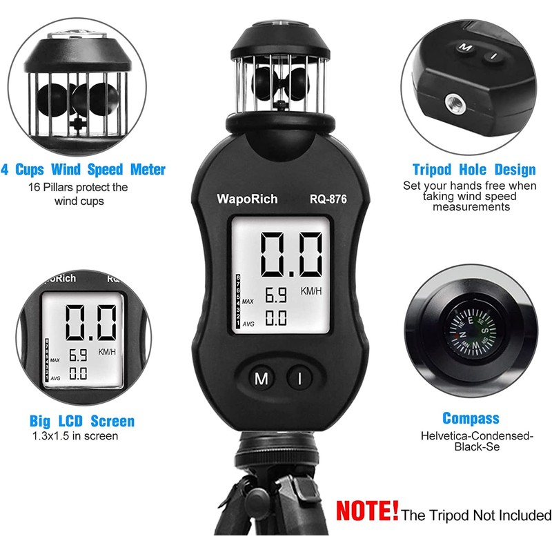 WapoRich Mini Wind Gauge, 360° Cup Anemometer Handheld Wind Gauge