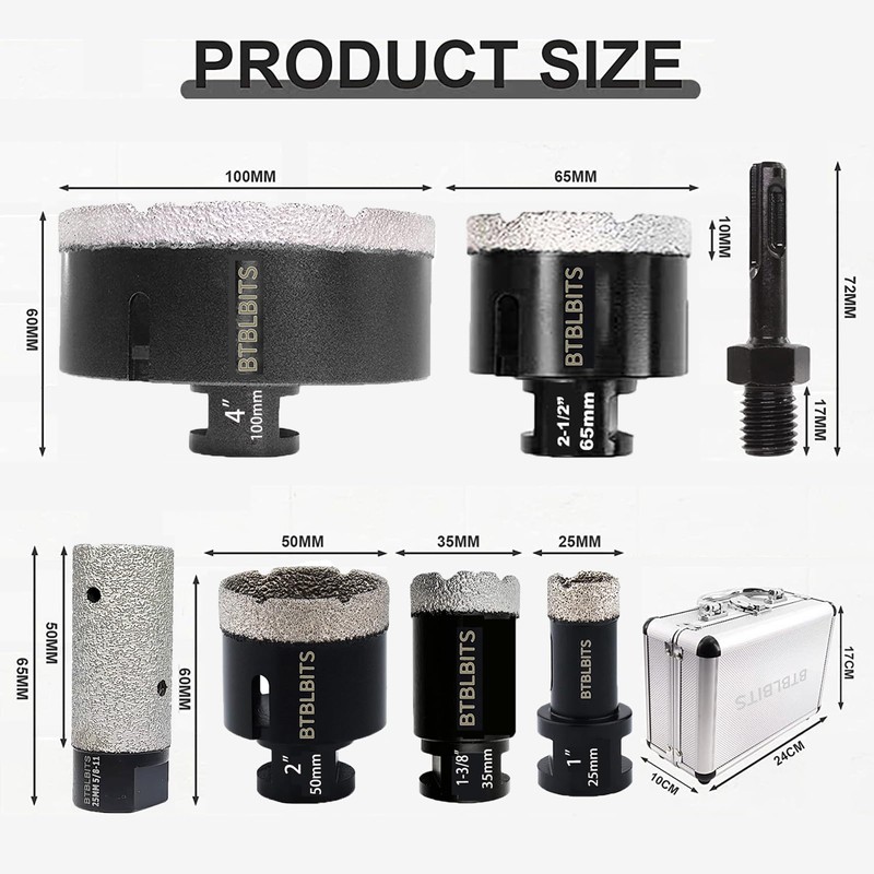 Diamond Core Drill Bits Set -7 pcs (25/35/50/65/100mm+25mm Finger Milling