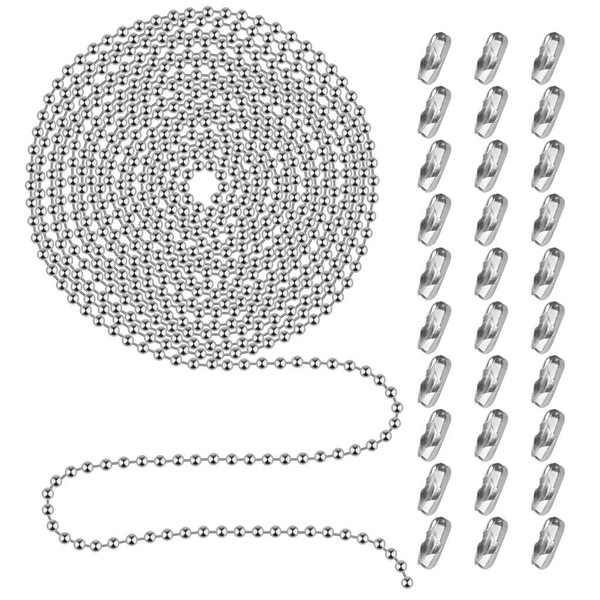 Beaded Pull Chain Extension with Connector, 20 Feet Beaded Roller Chain with 30 Connectors for Ceiling Fan Light Lamp (3.2mm, Silver)