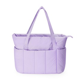 Narwey Puffer Travel Tote Bag for Women Work with Laptop Compartment, Lightweight Quilted Puffy Tote Bags with Luggage Sleeve for Carry on, College, Gym, Nurse (Purple, Large)