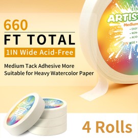 ETNRHP 4 Packs White Art Tape Medium Tack Artist Masking Tape Paper Acid Free Tape Watercolor Painters Tape Artists Tape for Drafting Art Watercolor Painting Canvas Framing, 1 inch Wide 660FT Long