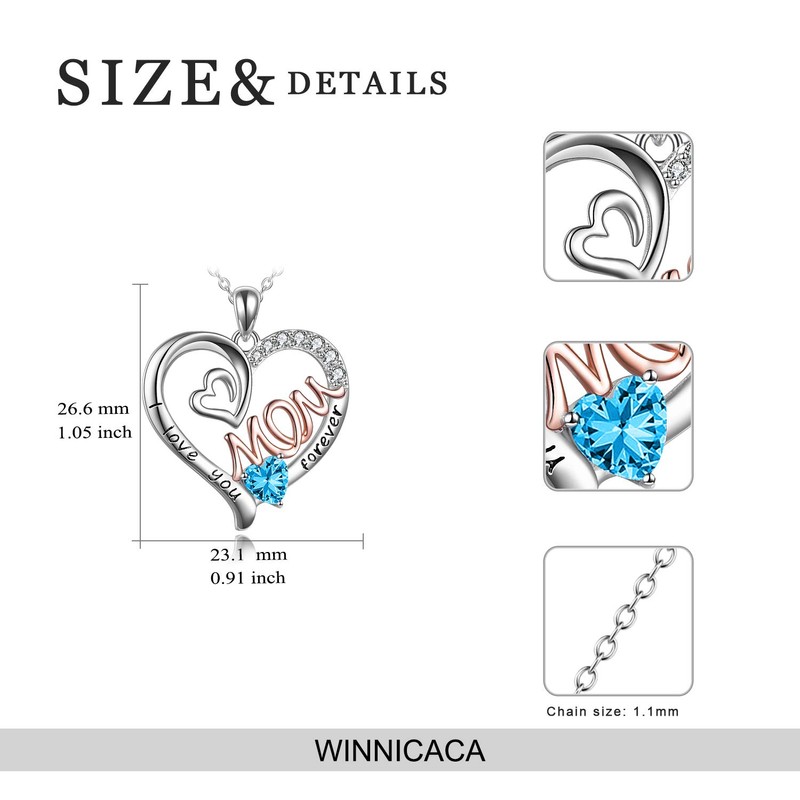 WINNICACA Mom Necklace S925 Sterling Silver Heart CZ Blue Stone