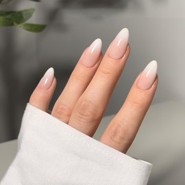 Gradient White Pink Ombre False Nails - 24Pcs Press on Nails Medium Almond - Full Cover French Almond Fake Nails with Glue - Glossy Acrylic Stick on Nail for Women Girls Nail Art DIY