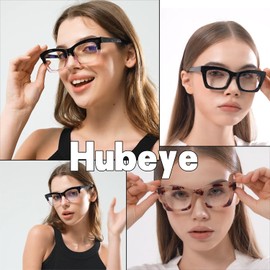Hubeye 5 Pairs Oprah Style Square Reading Glasses for Women Men Blue Light Blocking Computer Readers with leather case +1.5