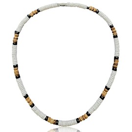 Native Treasure 19" Mens and Womens Summer Beach Surfer Necklace From the Philippines, White Ark Shells with Black and Mixed Brown Coconut Beads, Men Shell Necklace