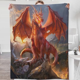 Zeleda Dragon Blanket Dragon Gifts for Men Throw Blanket,Dragon Gifts Bedding Decor Red Flame Dragon Flannel Throw Blanket,Dragon Stuff Lightweight Warm Soft Blanket for Bed Sofa Office 60"" x 50""