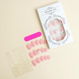 French Tip Press on Nails Short Square Fake Nails Glossy White French Full Cover Glue on Nails with 3D Resin Bow Charm Designs Reusable Nude Stick on Nails for Women Girls Acrylic Manicure 24Pcs