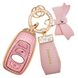 Simocky Key Fob Cover with Diamond Keychain for Subaru Car Key Shell Compatible with Forester Outback BRZ Legacy CrossTrek Soft TPU Smart Key Protector for Women (4 Buttons-Pink Bowknot)